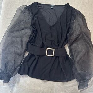AUW Black Blouse with Sheer Sleeves and Pearl Buckle